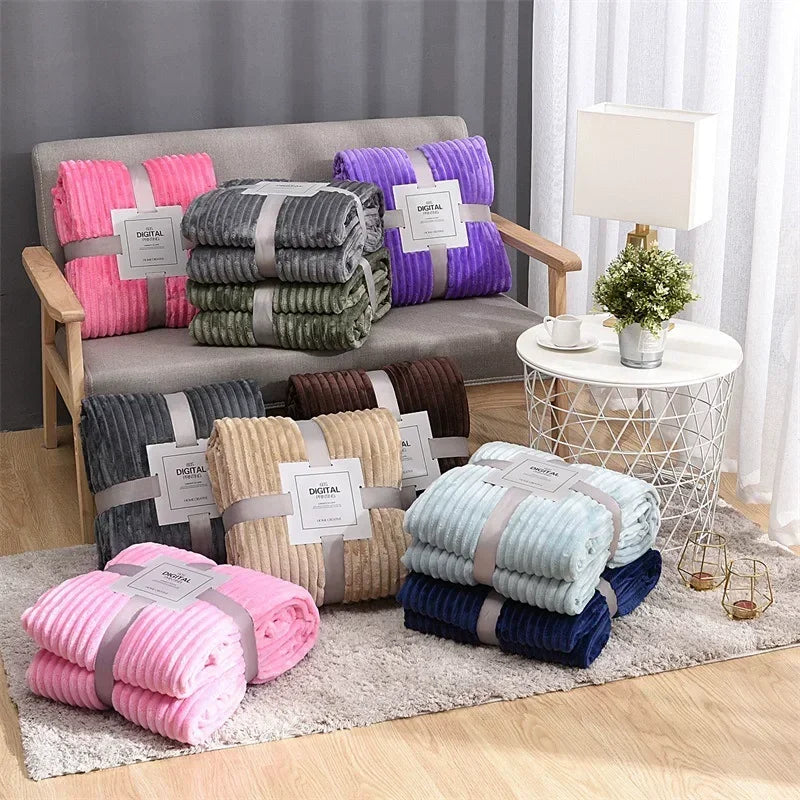 Thickened Striped Faux Rabbit Fur Blanket, Milk Velvet Flannel Throw, Ultra Soft Warm for Couch Bed Sofa All Seasons